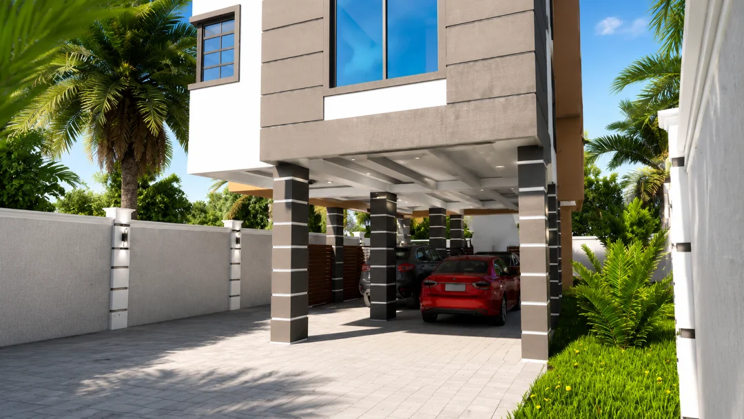 Kololo apartment covered parking entrance and façade - Aura Build Ltd